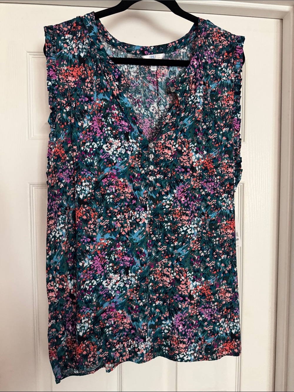 Time and Tru Teal Multi Floral Sleeveless V-Neck Camisole